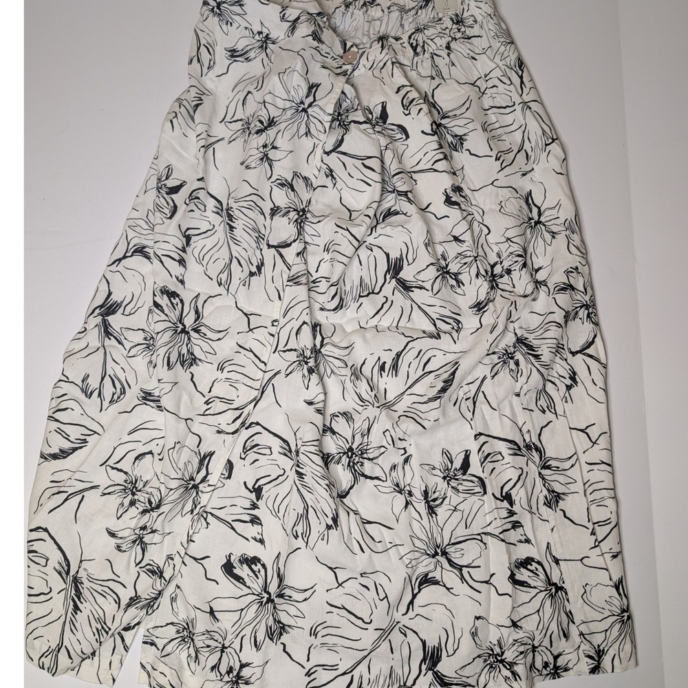 Joie Women XL White Black Floral Palm‎ Linen Blend Elastic Waist Midi Skirt